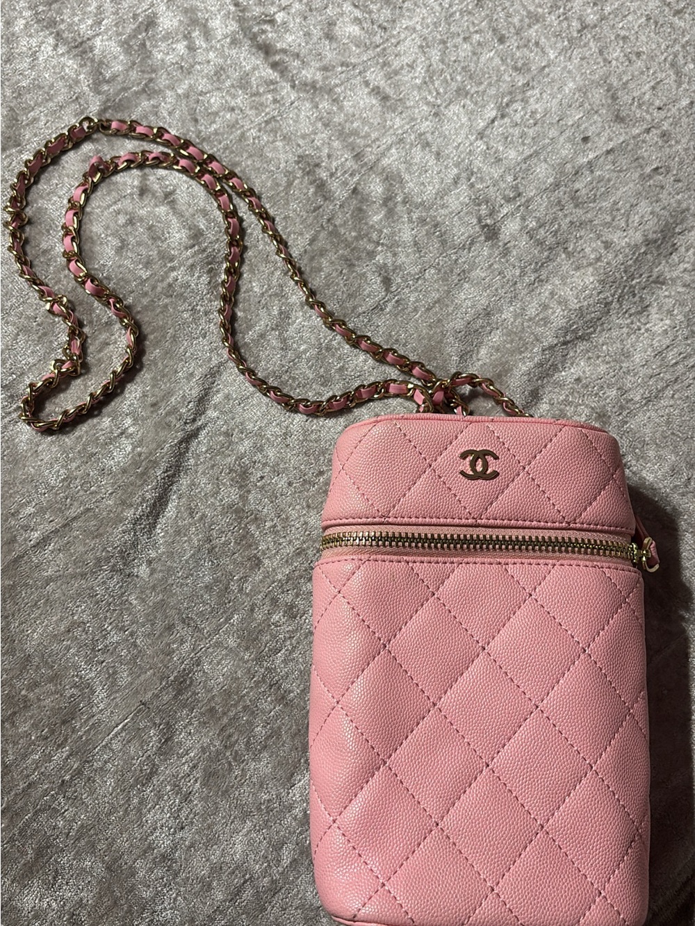 CHANEL Pink Quilted Crossbody Phone Pouch with Gold-Tone Chain